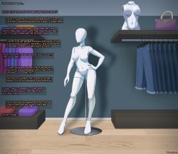 1girls asfr brown_hair display english_text inanimate_transformation mannequin mannequin_transformation nominu store text transformation transformation_sequence