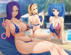 3girls alternate_costume american_flag_bikini arm_at_side artist_name ass back bare_arms bare_legs bare_shoulders bikini black_hairband blonde_hair blue_eyes blue_hair breast_press breasts caitlyn_kiramman cleavage closed_eyes closed_mouth collarbone cowboy_shot deepspace eyebrows eyelashes feet_out_of_frame female_focus flag_print grin hairband hand_up highleg highleg_bikini highleg_swimsuit huge_breasts large_breasts league_of_legends leaning_back leaning_forward lipstick long_hair looking_at_viewer luxanna_crownguard makeup multicolored_hair multiple_girls naughty_face navel one-piece_swimsuit outdoors parted_lips pool pov purple_hair reclining red_lips sitting smile sona_buvelle standing swimsuit tight_clothes twintails two-tone_hair v wet wide_hips