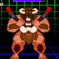 1boy 1girls animated black_hair breasts gif interspecies m.u.g.e.n minotaur minotaur_(mugen) pixel_art rape red_hair reverse_stand_and_carry_position reverse_suspended_congress ruby_rose rwby size_difference vaginal_penetration