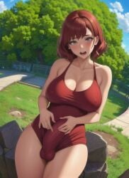 1futa ai_generated big_breasts big_penis bodysuit futa_only futanari looking_at_viewer naughty_faun penis_bulge solo_futa stable_diffusion tagme touching_penis