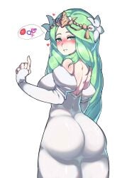 1girls absurdres ass ass_focus ass_in_dress bare_back big_ass blush dress exposed_back facing_away female female_only fire_emblem fire_emblem:_three_houses flower gesture green_eyes green_hair hair_flower hair_ornament heart heavy_breathing highres impregnation_request interlocked_mars_and_venus_symbols inviting inviting_to_sex large_breasts long_hair looking_at_viewer looking_back mars_symbol nintendo penetration_gesture rhea_(fire_emblem) smile solo tetsu_chokoreto thick_thighs thighs venus_symbol white_dress