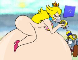 1girls ass belly bikini bikini_top blonde_hair bottomless bottomless_female breasts closed_eyes crown earrings eyelashes fat female female_focus female_only fludd heart heels hyper hyper_belly hyperflannel inflation large_ass mario_(series) mostly_nude mostly_nude_female nintendo obese obese_female overweight overweight_female princess princess_peach stomach super_mario_sunshine text_box text_bubble water water_inflation weight_gain