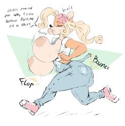 areolae big_ass big_breasts bimbo bouncing_breasts breasts breasts_out bubble_butt coco_bandicoot crash_(series) dullvivid floppy_breasts flower_in_hair gigantic_breasts heavy_breathing huffing huge_ass nipples onomatopoeia overalls running sagging_breasts speaking sweating text