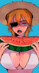 1girls bikini blonde_hair blue_eyes breasts cleavage dimitri_alexandre_blaiddyd eating_food eye_patch eyepatch female female_only fire_emblem fire_emblem:_three_houses food food_fetish genderswap_(mtf) hat large_breasts looking_at_viewer melon nintendo rule_63 sharp_teeth short_hair solo straw_hat swimsuit watermelon white_bikini white_swimsuit wyktsak