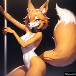 1girls ai_generated dance_pole ear_tuft fox fox_ears fox_girl fox_humanoid fox_tail furry neck_tuft orange_hair