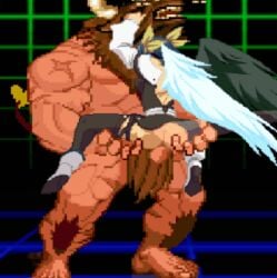 1boy 1girls angel angel_wings animated animated_gif blue_hair dizzy_(guilty_gear) gif guilty_gear interspecies m.u.g.e.n minotaur minotaur_(mugen) monster stand_and_carry_position standing_sex suspended_congress wings