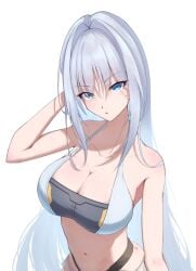 1girls arm_up bare_midriff bare_shoulders bikini blue_eyes breasts busty cleavage curvy ethel_(xenoblade) female female_only grey_bikini grey_swimwear hand_in_hair highres hourglass_figure large_breasts long_hair looking_at_viewer midriff navel nintendo okazu2010015 silver_hair simple_background swimsuit upper_body very_long_hair viewed_from_above xenoblade_(series) xenoblade_chronicles_3