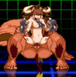 1boy 1girls ahe_gao animated blazblue breasts bridge_position brown_hair gif horns interspecies m.u.g.e.n makoto_nanaya minotaur minotaur_(mugen) rape size_difference tail vaginal_penetration