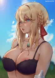 1girls betahimeko big_breasts black_bra blonde_hair blue_eyes bra braid braided_hair breast_focus breasts cleavage cutesexyrobutts_(style) female female_only hair huge_breasts lips necklace neckwear solo solo_female topwear violet_evergarden violet_evergarden_(character)