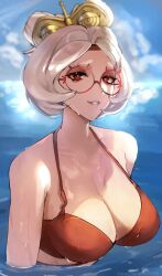 1girls bikini breasts cleavage female female_only glasses hi_res looking_at_viewer nintendo purah purah_(tears_of_the_kingdom) red_eyes sea short_hair smile solo tears_of_the_kingdom the_legend_of_zelda tommietomm wet white_hair