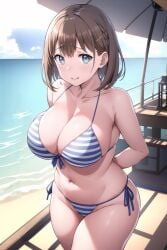 1girls ai-chan_(tawawa) ai_generated arms_behind_back beach big_breasts bikini blue_eyes brown_hair busty child_bearing_hips cleavage female female_only getsuyoubi_no_tawawa large_breasts legs looking_at_viewer navel ocean short_hair smile stable_diffusion thick_thighs thighs voluptuous water