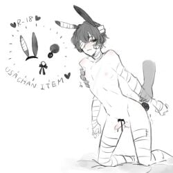 anal anal_tail anon anonymous_character artist_request bandages bungo_stray_dogs bunny_boy bunny_ear bunny_ears buttplug buttplug_tail dazai_osamu grabbing_wrist kneeling pale_skin sex_toy teenager unseen_character wrist_grab