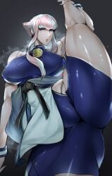 1girls big_breasts large_breasts leg_up looking_at_viewer manon_legrand pink_hair short_hair steaming street_fighter street_fighter_6 stretching voluptuous white_hair zenatsu