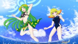 2girls alluring bikini blonde_and_red_hair blue_sky green_hair kid_icarus kid_icarus_uprising lemon_(artist) nintendo palutena phosphora purple_eyes sea