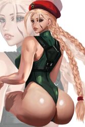 1girls ass ass_focus beret blonde_hair blue_eyes braid braids cammy_white capcom dat_ass female female_only hat kittymiya leotard solo street_fighter thong_leotard