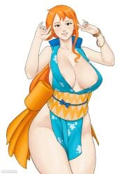 1girls areola_slip cleavage curvy drewnn female female_only kunoichi large_breasts nami onami one_piece orange_hair post-timeskip standing wano_country white_background wide_hips