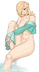 blonde blonde_hair blue_eyes blue_nails blush choker drewnn hair_over_one_eye large_breasts mario_(series) naked_sleeves nude one_leg_bent pale_skin princess_rosalina pussy sitting