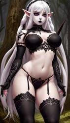 ai_generated black_lipstick black_sleeves black_stockings elf elf_ears goth_elf hylian_r34 lingerie long_hair original_character outside tagme white_hair