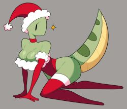 ambiguous_gender breasts bug cleavage curvy curvy_figure eyelashes green_body green_skin hips idolomantises insects mothmilfs papaya_(idolomantisies) patreon red_gloves red_legwear red_outfit santa_costume santa_dress solo tail