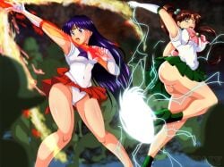 2girls ass bishoujo_senshi_sailor_moon black_hair breasts brown_hair clothing female fire goblin goblin_male green_eyes m.i.y makoto_kino medium_breasts miniskirt multiple_girls panties ponytail rei_hino sailor_jupiter sailor_mars skirt small_breasts sparks