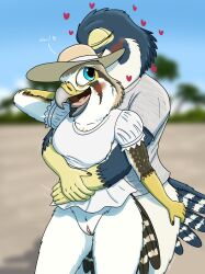 absurd_res american_kestrel anthro avian beach bird blue_eyes blush bottomless casual_nudity clothed clothing cuddling cute_expression dress duo embrace evy_(fish_birb) exhibitionism falcon falconid female female/female fish_birb genitals hat headgear headwear hi_res hug hugging_from_behind katie_(fish_birb) outside peregrine_falcon pussy seaside shirt sun_hat sundress t-shirt t-shirt_only topwear