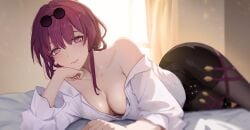 1girls 2023 bare_shoulders bedroom clisapex hi_res honkai:_star_rail honkai_(series) kafka_(honkai:_star_rail) light_skin long_hair looking_at_viewer lying no_bra purple_hair smile solo sunglasses_on_head