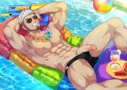 1boy abs absurdres armpit_hair armpits ball bara beachball beard camp_buddy cocktail cocktail_glass collarbone cup drinking_glass facial_hair feet_out_of_frame flower flower_necklace food fruit glasses goro_nomoru highres lei male_focus male_only mikkoukun muscular muscular_male nipples opaque_glasses outdoors pectorals penis plate pool pubic_hair sideburns smile solo solo_male summer sunglasses teeth water water_gun watermelon white_hair