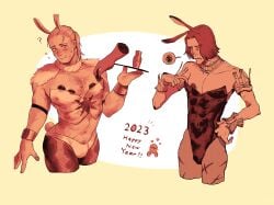 2023 2boys ? annoyed armbands bara bulge bunny_boy bunny_ears bunny_tail bunnysuit chest_hair collar crossdressing dark_souls disembodied_hand fishnets fromsoftware kemutai knight_lautrec_of_carim male male_only male_playboy_bunny money money_under_clothes monochrome muscular muscular_male necklace new_year nipple_bulge ponytail scars shy smile solaire_of_astora sweat wrist_cuffs