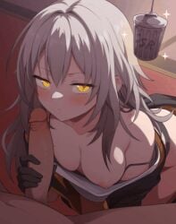 1boy animated bare_shoulders black_gloves black_jacket blinking blush bra bra_pull breasts closed_mouth clothes_pull collarbone erection female gloved_handjob gloves grey_hair hair_between_eyes handjob honkai:_star_rail honkai_(series) jacket long_hair long_sleeves nipples one_breast_out open_mouth penis shirt solo_focus stelle_(honkai:_star_rail) straight trash_can uncensored underwear waero white_shirt yellow_eyes