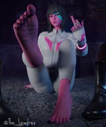 1girls 3d alien alien_girl alternate_version_available athletic athletic_female barefoot black_hair blender blurry blurry_background bottomwear carpet clothed clothing epic_games face_paint feet feet feet_up female female_focus female_only fingerless_gloves foot_focus fortnite gloves handwear harlowe_(fortnite) highres jacket jeans leg_up lewdrex looking_at_viewer middle_finger on_floor pants pink_body pink_skin presenting_feet simple_background sitting soles solo solo_focus topwear watermark