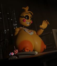 1girls 3d 3d_(artwork) animatronic big_breasts blush breasts eyebrows eyelashes female female_only feversfm five_nights_at_freddy's five_nights_at_freddy's_2 glowing_eyes heart-shaped_pupils joints large_breasts looking_at_viewer nipple_piercing nipples orange_nipples sharp_teeth solo solo_female solo_focus toy_chica_(fnaf) toy_chica_(love_taste) yellow_body yellow_skin