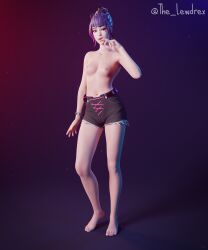 1girls 3d alternate_version_available areolae blender bottomwear bowtie breasts epic_games face_tattoo female female_focus female_only fortnite half-dressed half_naked highres jean_shorts jeans lewdrex looking_at_viewer nipples petite petite_body pose posing presenting presenting_breasts purple_hair shorts simple_background small_breasts solo solo_focus standing tattoo topless tracy_trouble_(fortnite) two_tone_hair watermark