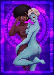 afro ass ass_grab black_hair black_skin blue_body blue_skin blue_skinned_female brown_eyes completely_nude completely_nude_female dark-skinned_female dark_skin doctor_slone feet female female/female female_focus female_only fortnite glasses hecates joey_(fortnite) nipples orange_eyes orange_eyeshadow orange_lipstick purple_background white_hair