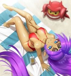 1girls 1other beach bikini blue_eyes breasts cleavage dark-skinned_female dark_skin large_breasts legs long_hair looking_at_viewer looking_up lotion lowres monster outdoors purple_hair red_bikini revenantart seductive shantae shantae_(character) solo straight_hair sunglasses sunglasses_on_head swimsuit viewed_from_above