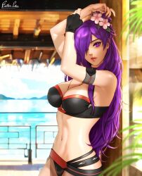 1girls alternate_costume bare_shoulders bikini black_bikini black_choker black_swimsuit breasts choker cleavage esther-shen female female_only fire_emblem fire_emblem:_three_houses fire_emblem_heroes fire_emblem_warriors:_three_hopes flower hair_flower hair_ornament hair_over_one_eye large_breasts long_hair looking_at_viewer navel nintendo official_alternate_costume purple_eyes purple_hair shez_(female)_(fire_emblem) shez_(female)_(summer)_(fire_emblem) shez_(fire_emblem) solo stomach swimsuit white_flower