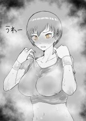 1girls akasa523 big_breasts greyscale short_hair spot_color sweat wet_clothes