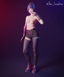 1girls 3d alternate_version_available areolae armwear blender bottomwear bowtie breasts epic_games face_tattoo female female_focus female_only fortnite gloves half-dressed half_naked handwear highres jean_shorts jeans legwear lewdrex looking_at_viewer nipples petite petite_body pose posing presenting presenting_breasts purple_hair shoes shorts simple_background small_breasts sneakers solo solo_focus standing tattoo thighhighs topless tracy_trouble_(fortnite) two_tone_hair watermark