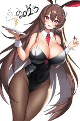 2023 ahoge animal_ears bad_id bad_twitter_id bare_shoulders between_breasts black_leotard breasts brown_hair brown_pantyhose champagne_flute character_request check_character cleavage counter:side covered_navel cup detached_collar drinking_glass fake_animal_ears female groin hair_ornament hands_up highleg highleg_leotard highres huge_breasts leotard long_hair looking_at_viewer lumi_(counter:side) migu_(iws2525) mole mole_on_thigh necktie necktie_between_breasts open_mouth pantyhose pink_eyes playboy_bunny poker_chip rabbit_ears simple_background smile solo strapless strapless_leotard tray very_long_hair white_background wrist_cuffs