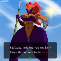 aarqon abs dialogue dialogue_box fake_screenshot gerudo large_breasts looking_at_viewer looking_down low_poly muscular_female polearm polygonal purple_clothing red_hair retro_artstyle skimpy solo solo_female talking_to_viewer taller_girl tan_skin the_legend_of_zelda thick_thighs