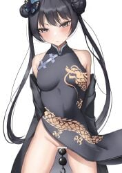 absurdres bar_censor beads black_hair black_jacket blue_archive blush breasts butterfly_hair_ornament censored china_dress chinese_clothes double_bun dragon_print dress female genryumon_(blue_archive) grey_eyes hair_bun hair_ornament highres inkcat jacket kisaki_(blue_archive) long_hair looking_at_viewer medium_breasts object_insertion print_dress shanhaijing_secondary_school_student simple_background sleeveless sleeveless_dress solo standing tears thighs twintails vaginal_object_insertion vaginal_penetration white_background