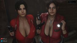 1monster 2girls 3d 3d_(artwork) black_eyes black_hair blender blender_(software) blue_eyes brown_hair capcom claire_redfield crossover eastern_and_western_character female female_only flashlight imminent_sex jacket left_4_dead monster mr_x necklace red_jacket red_lj red_shirt resident_evil resident_evil_2 resident_evil_2_remake tyrant weapon zoey_(left_4_dead)