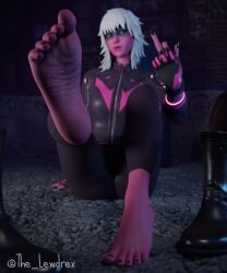 1girls 3d alien alien_girl alternate_version_available athletic athletic_female barefoot blender blurry_background bottomwear carpet clothed clothing epic_games feet feet feet_up female female_focus female_only fingerless_gloves foot_focus fortnite gloves handwear harlowe_(fortnite) highres jacket jeans leg_up lewdrex looking_at_viewer middle_finger on_floor pants pink_body pink_skin presenting_feet simple_background sitting soles solo solo_focus topwear watermark white_hair