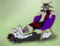 absurd_res anthro antlers black_hair bottomwear canid canine cervine chair chastity_cage chastity_device clothing deer eye_scar facial_scar feet focused foot_fetish foot_focus foot_lick foot_play fox full_pad fur furniture grey_body grey_fur hair hi_res horn licking male male/male mammal multicolored_hair neck_tuft nude orange_eyes paws phone purple_eyes rainbow_hair scar shorts tongue tongue_out topwear tuft uniform vest