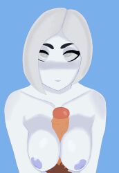 airie_(fortnite) blue_nipples blush boobjob eyeshadow fortnite fortnite:_battle_royale large_areolae large_breasts large_penis lipstick looking_at_viewer macky06_(artist) nike paizuri puffy_areola puffy_nipples titfuck titjob white_hair white_skin