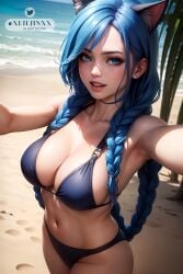 ai_generated arcane arcane_jinx beach big_breasts bikini blue_eyes blue_hair breasts cat_ears catgirl female furry jinx_(league_of_legends) league_of_legends league_of_legends:_wild_rift pervert xliljinxx