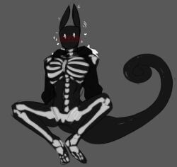 2d ambiguous_gender bare_shoulders black_body blush curvy curvy_figure cute grey_background heart jacket looking_at_viewer monty_nsfw monty_smug original original_character see-through skeleton skinny slime solo tail visible_skeleton white_eyes