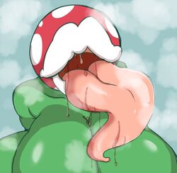 1girls anthro big_lips female female_only green_skin huge_breasts long_tongue mario_(series) musk nintendo petronoise piranha_plant plant plant_girl salivating simple_background solo tongue tongue_out