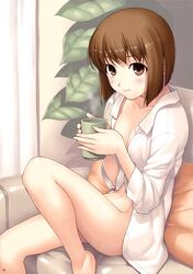 1girls blush bob_cut bottomless breasts brown_eyes brown_hair convenient_arm convenient_leg couch cup curtains hagiwara_yukiho highres idolmaster idolmaster_(classic) indoors long_legs looking_at_viewer medium_breasts naked_shirt open_clothes open_shirt plant shirt short_hair sitting sleeves_pushed_up smile solo tanaka_shoutarou