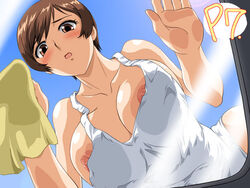 1girls against_glass breast_press breasts breasts_on_glass brown_hair car_wash cleavage female huge_breasts large_breasts nipple_slip nipples short_hair solo super_real_mahjong super_real_mahjong_p7 tagme toushi_ryoku toyohara_etsuko