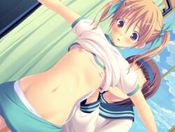 2girls :o akamaru blonde_hair blush buruma buruma_pull bust_measuring clothes_lift clothes_pull cloud curtains day dutch_angle embarrassed flat_chest game_cg groin gym_uniform hair_ribbon hairband hanemiya_arin iizuka_tasuku kamisama_no_iutoori lace lace-trimmed_panties lace_trim looking_down measuring medical_examination midriff multiple_girls navel nipples no_bra open_mouth outstretched_arms panties pettanko purple_eyes purple_hair ribbon school_uniform serafuku shiny_skin shirt_lift short_hair short_twintails sky smile spread_arms standing sweatdrop tape_measure twintails underwear white_panties window